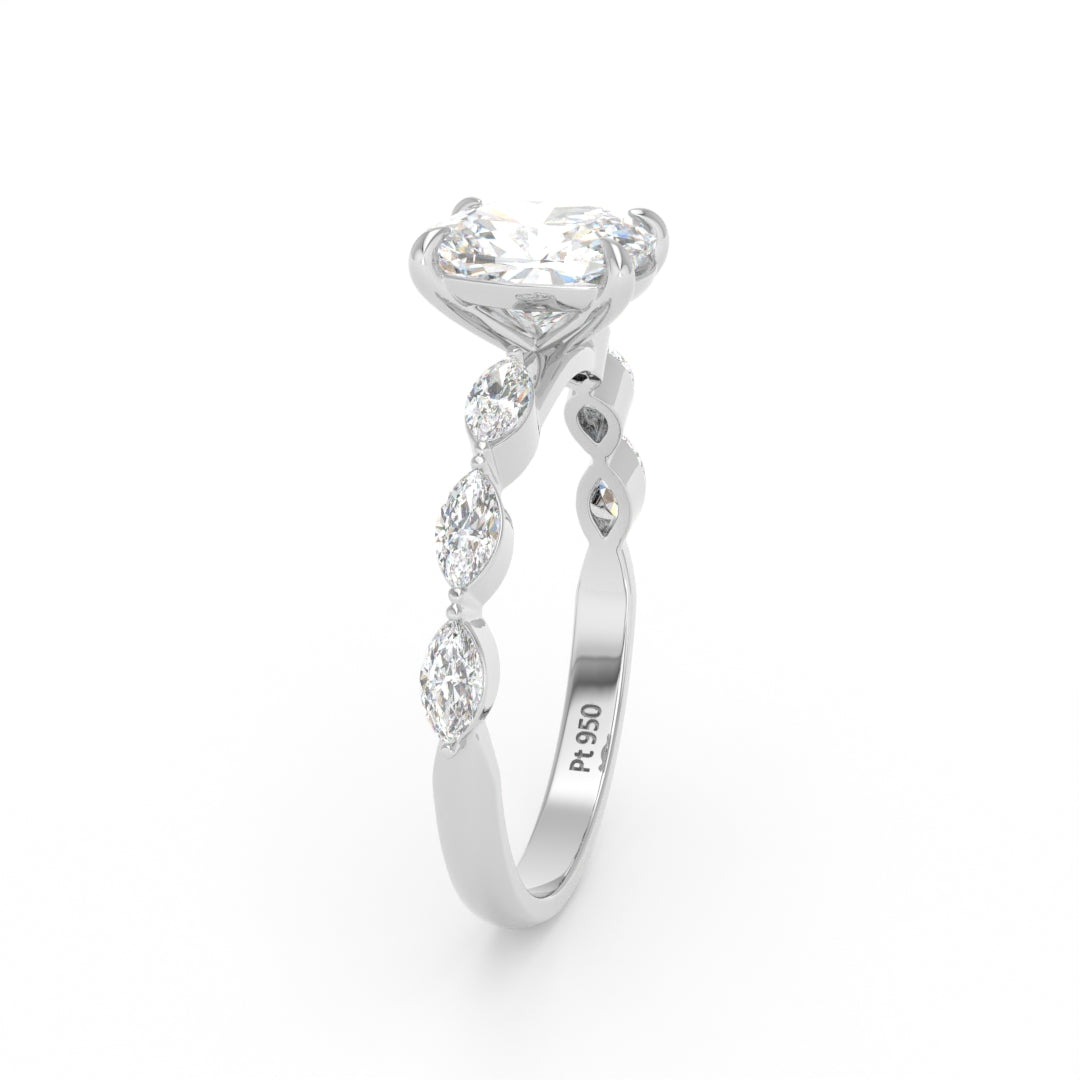 Kasandra Cushion Cut Diamond Engagement Ring With A Marquise Cut Diamond Band