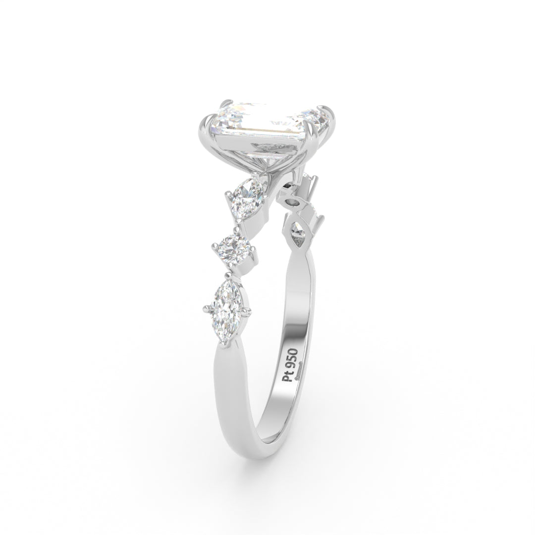Elizabeth Emerald Cut Diamond Engagement Ring With A Marquise and Round Cut Diamond Band