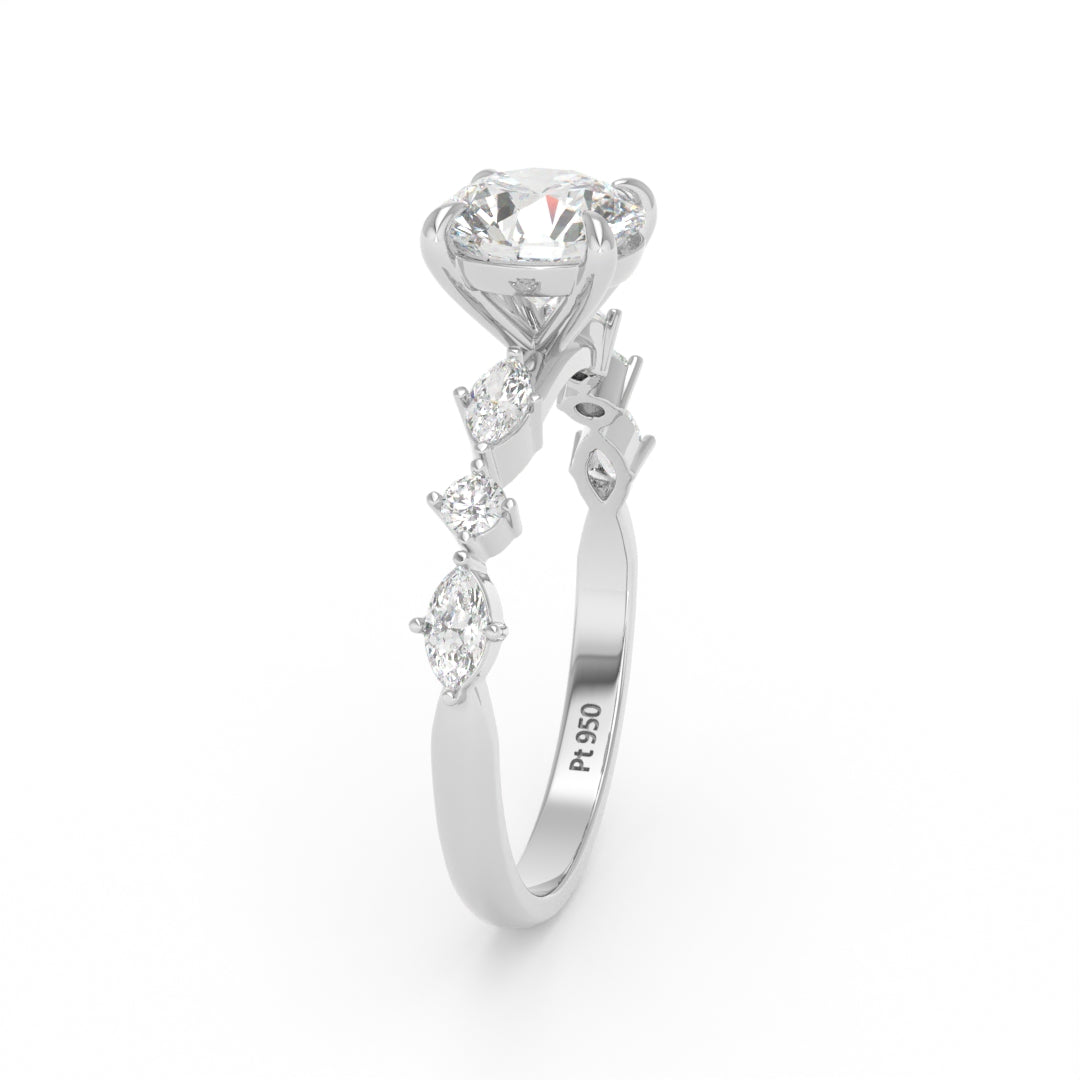 Elizabeth Round Brilliant Cut Diamond Engagement Ring With A Marquise And Round Cut Diamond Band