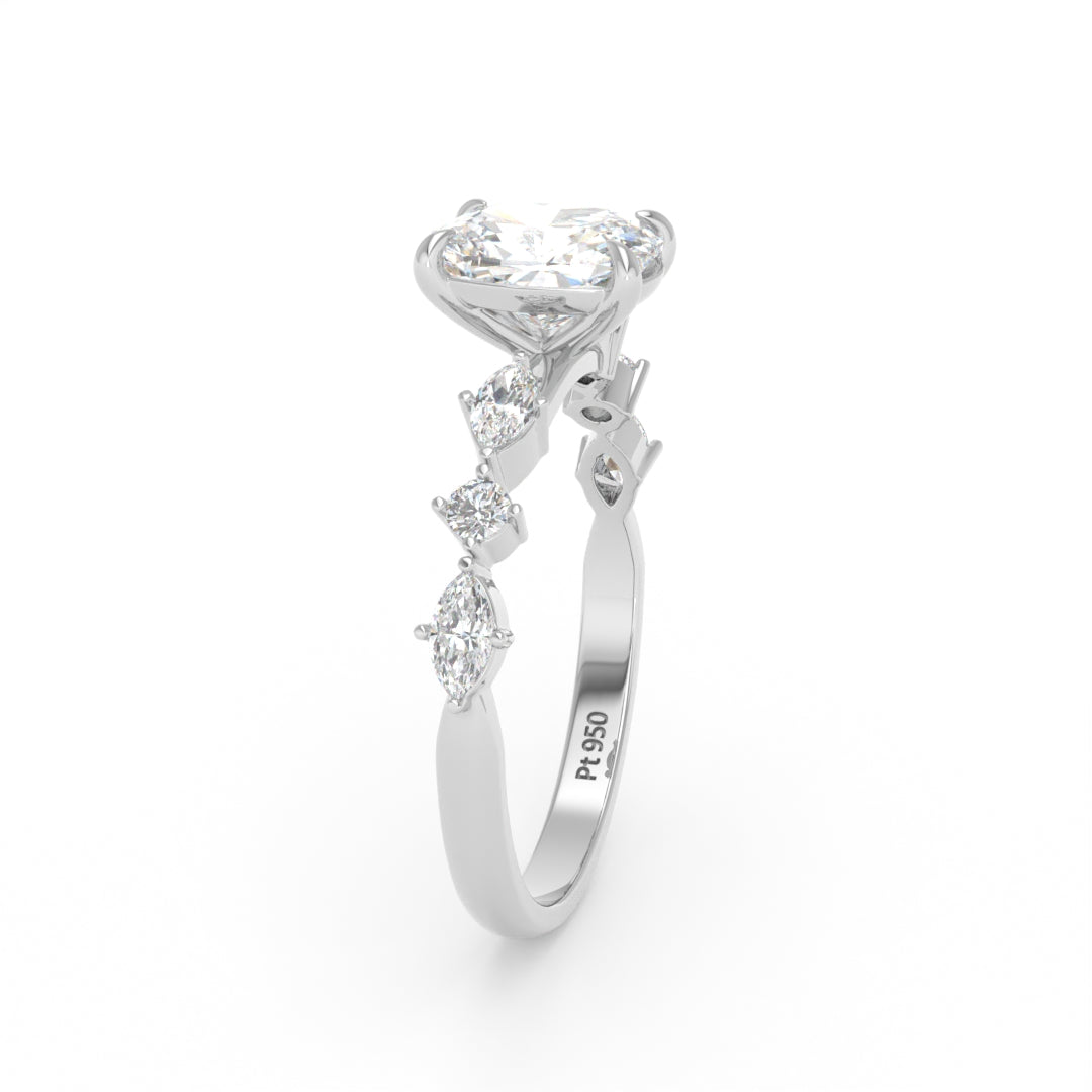 Elizabeth Cushion Diamond Engagement Ring With A Marquise and Round Cut Diamond Band