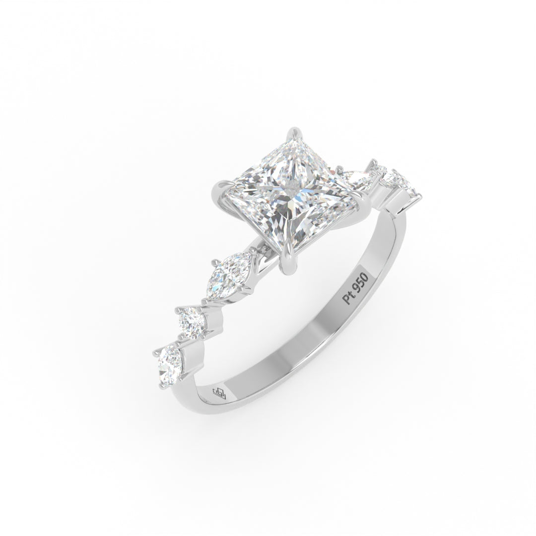 Elizabeth Princess Cut Diamond Engagement Ring With A Marquise and Round Cut Diamond Band