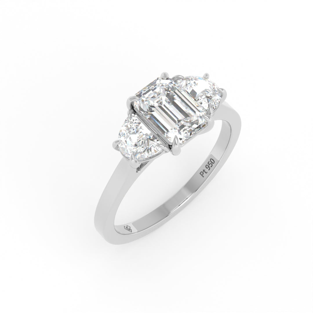 Kamala Emerald Cut Diamond Engagement Ring with Half Moon Cut Sides Diamonds