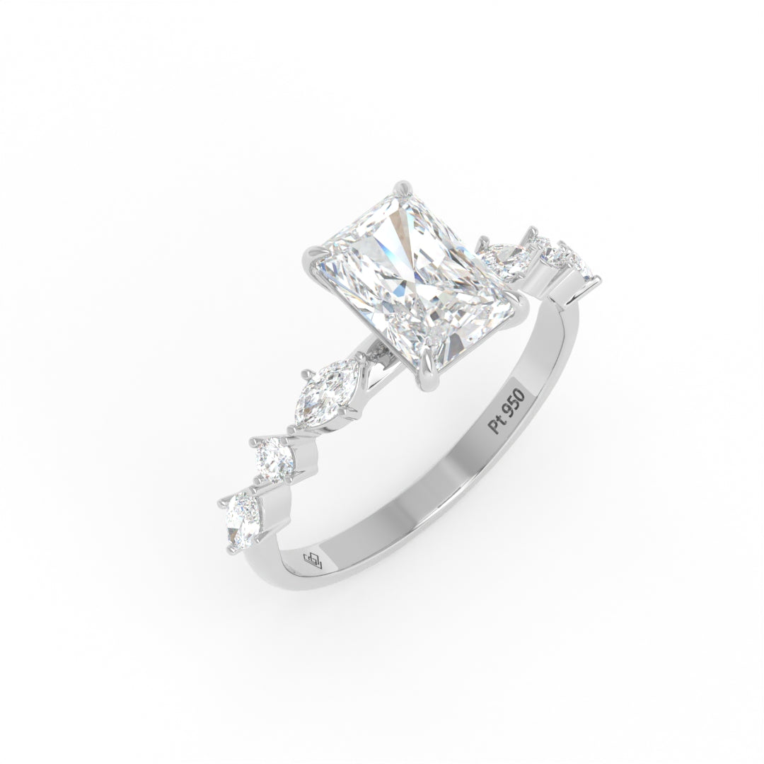 Elizabeth Radiant Cut Diamond Engagement Ring With A Marquise And Round Cut Diamond Band