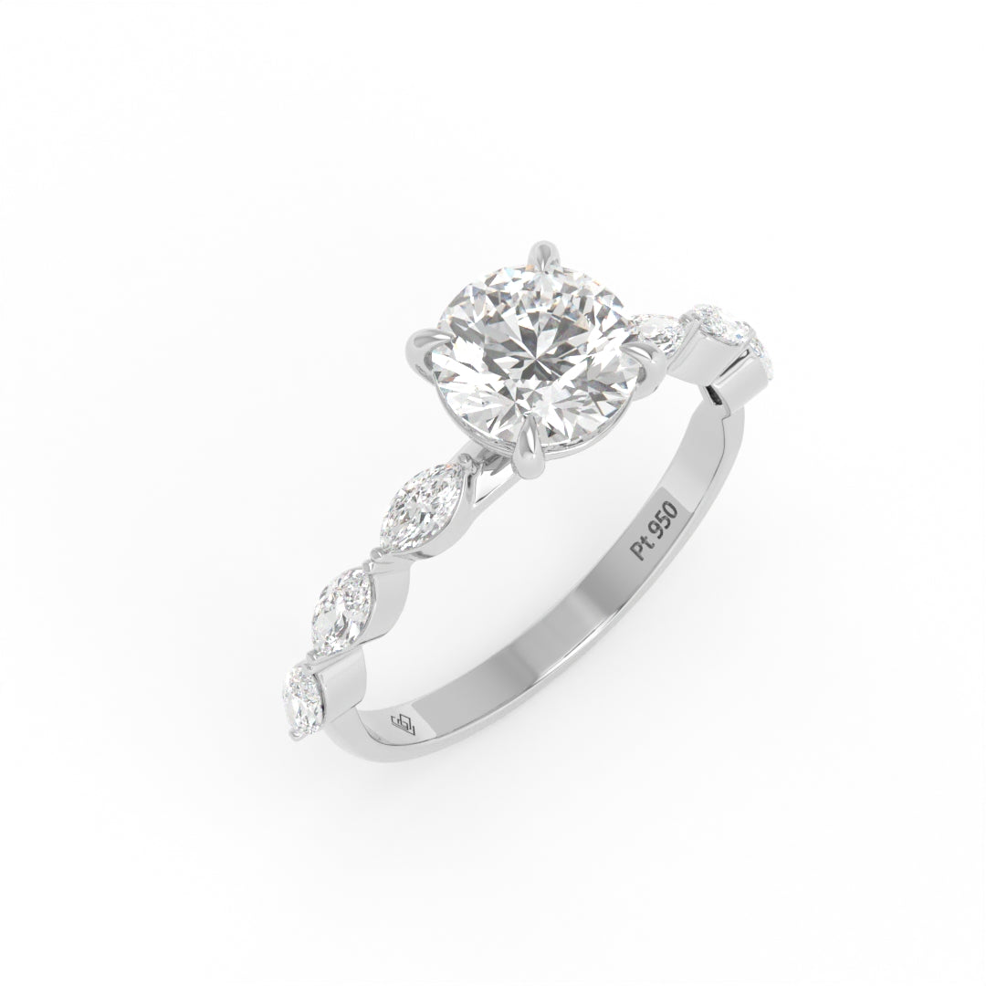 Kasandra Round Brilliant Cut Diamond Engagement Ring With A Marquise Cut Diamond Band