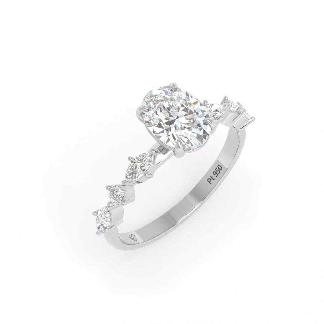 Elizabeth Oval Cut Diamond Engagement Ring With A Marquise And Round Cut Diamond Band.