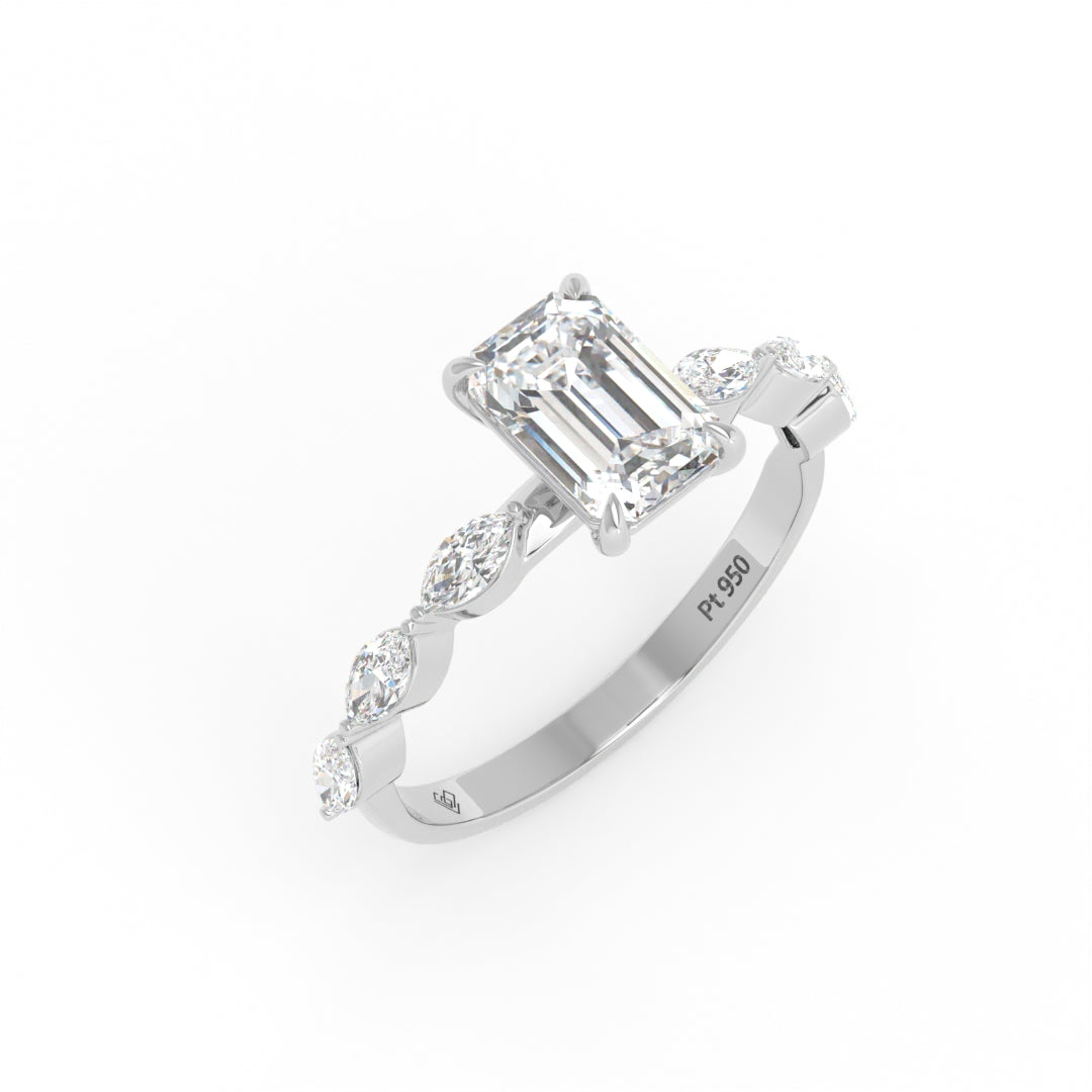 Kasandra Emerald Cut Diamond Engagement RIng With A Marquise Cut Diamonds Band