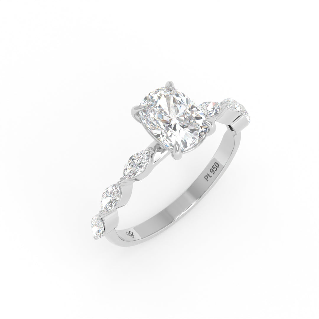 Kasandra Cushion Cut Diamond Engagement Ring With A Marquise Cut Diamond Band