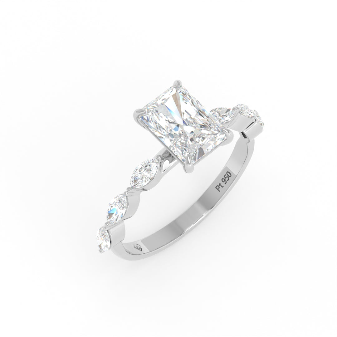 Kasandra Radiant Cut Diamond Engagement Ring With A Marquise Cut Diamond Band