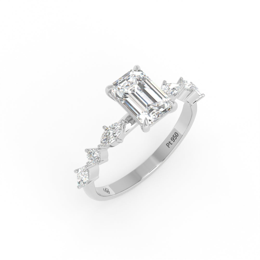 Elizabeth Emerald Cut Diamond Engagement Ring With A Marquise and Round Cut Diamond Band