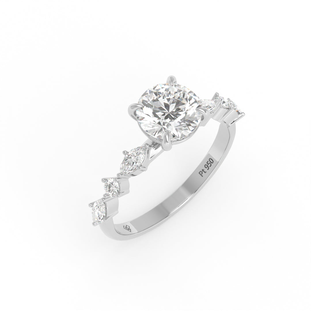 Elizabeth Round Brilliant Cut Diamond Engagement Ring With A Marquise And Round Cut Diamond Band
