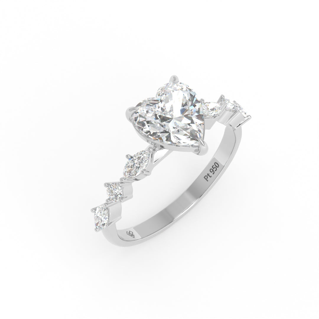 Elizabeth Heart Cut Diamond Engagement Ring With A Marquise and Round Cut Diamond Band
