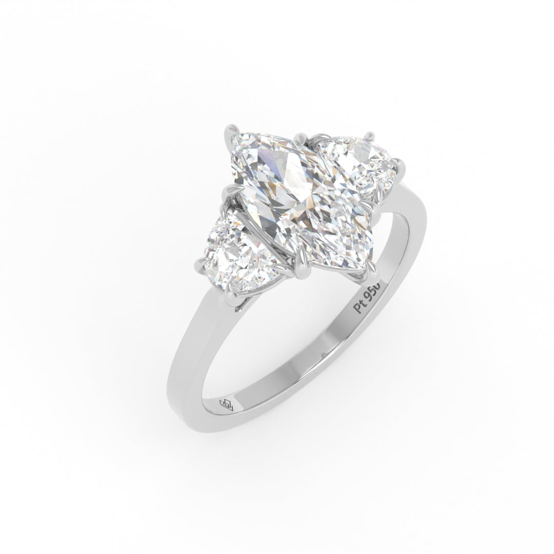 Kamala Marquise Cut Diamond Enagement Ring with Half Moon Cut Side Diamonds