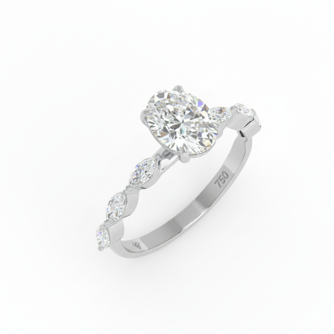 Kasandra Oval Cut Diamond Engagement Ring With A Marquise Cut Diamond Band