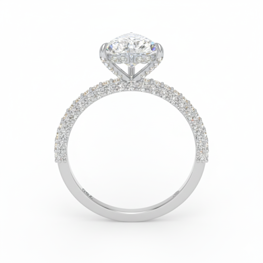 Bague de fiançailles Mia en diamant taille cœur avec halo de diamants cachés et anneau en diamant 3D