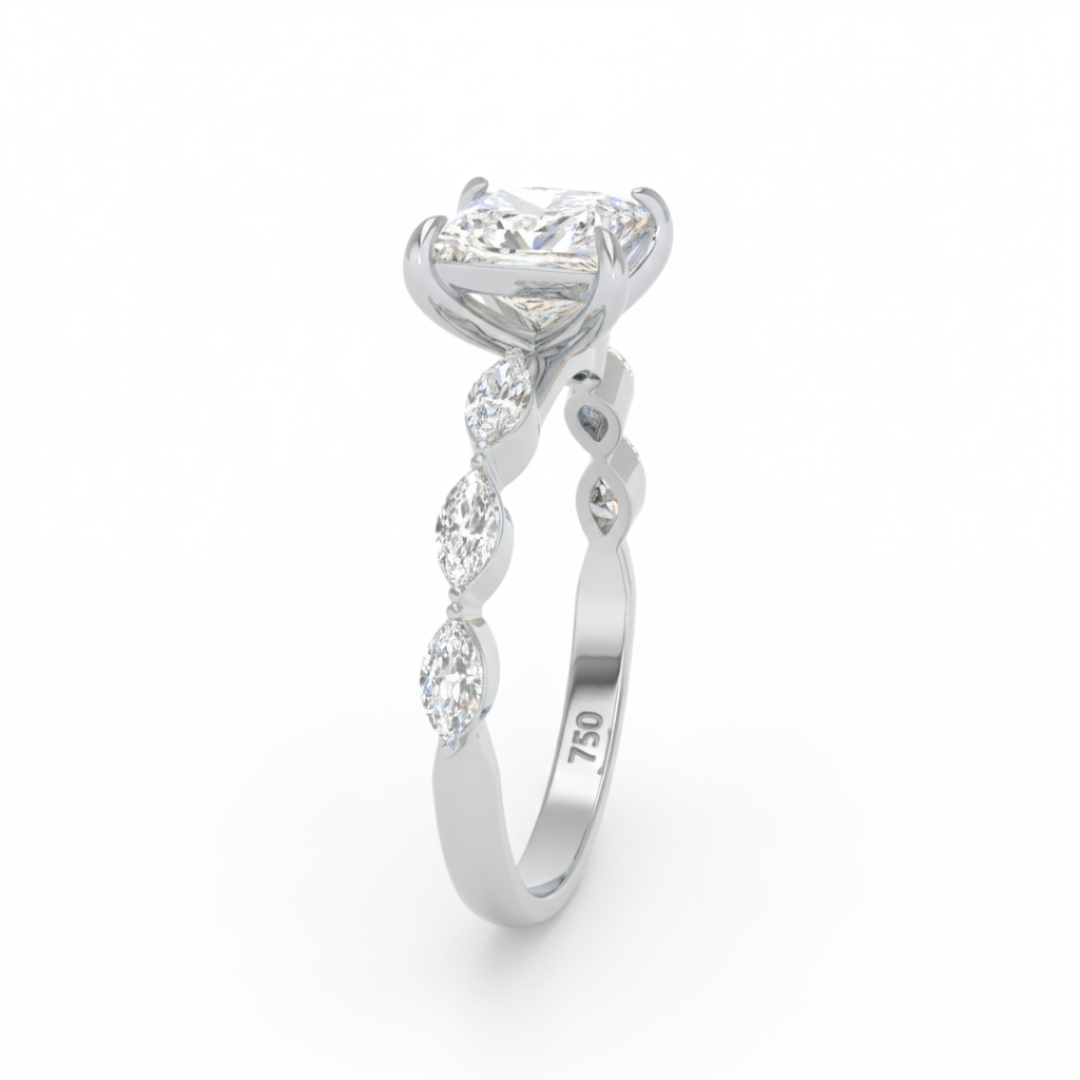 Kasandra Princess Cut Diamond Engagement Ring With A Marquise Cut and Diamond Band