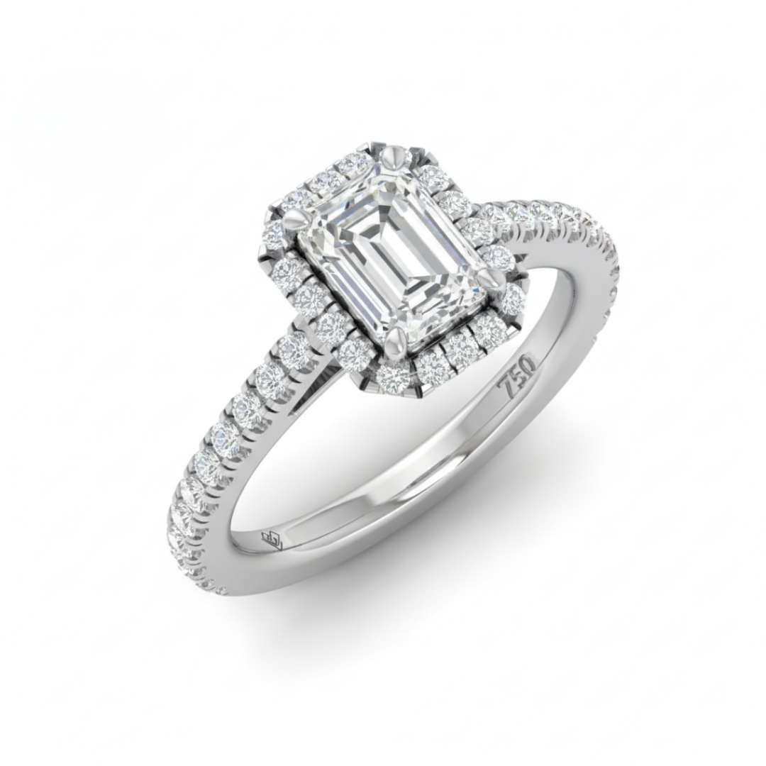 Bella Emerald Cut Diamond Engagement Ring with Diamond Halo & Diamond Band