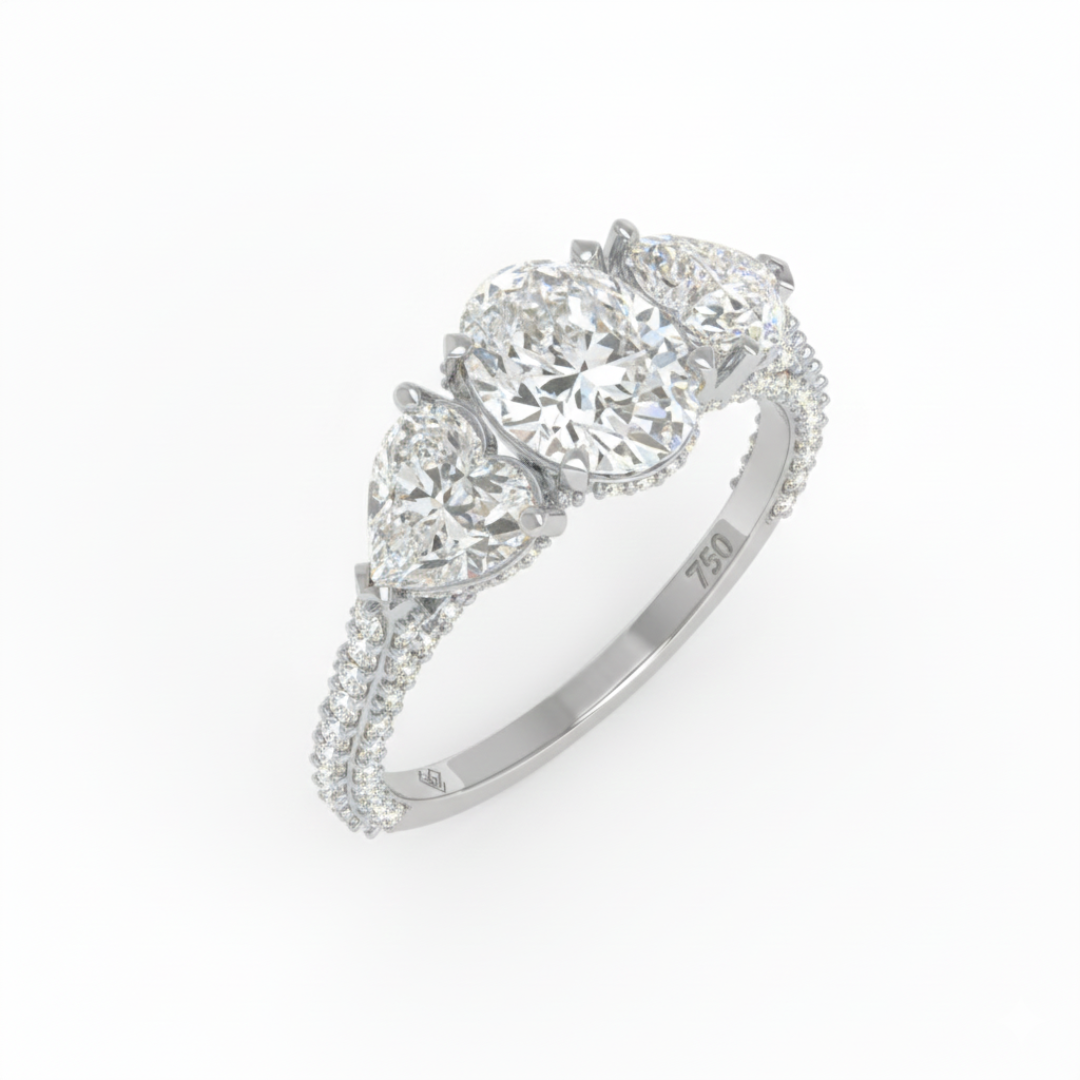 Victoria Oval Cut Diamond Engagement Ring with Heart Cut Side Diamonds and 3D Diamond Band