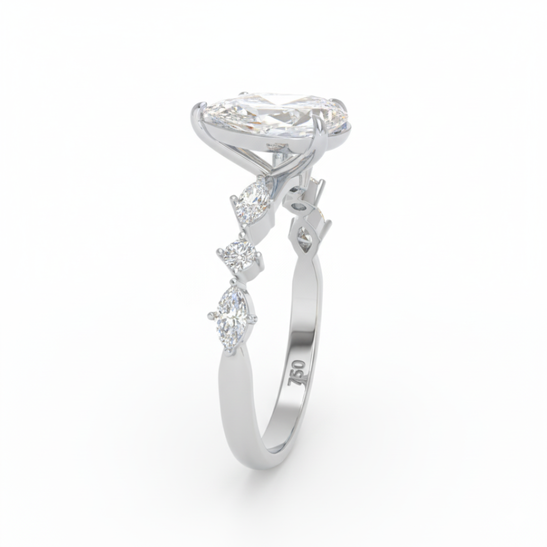 Elizabeth Pear Cut Diamond Engagement Ring With A Marquise And Round Cut Diamond Band