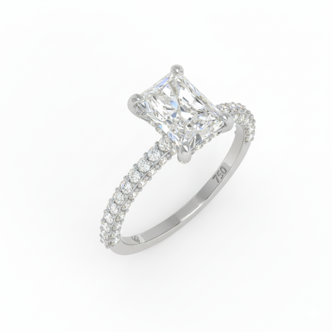 Bague de fiançailles Mia en diamant taille radiant avec halo de diamants cachés et anneau en diamant 3D