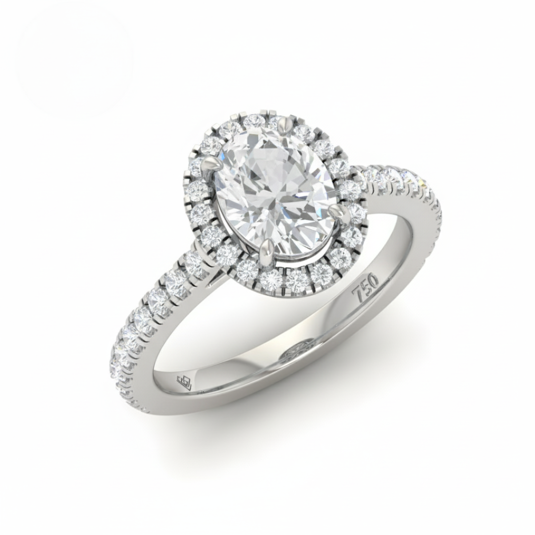 Bella Oval Cut Diamond Engagement Ring with Diamond Halo & Diamond Band