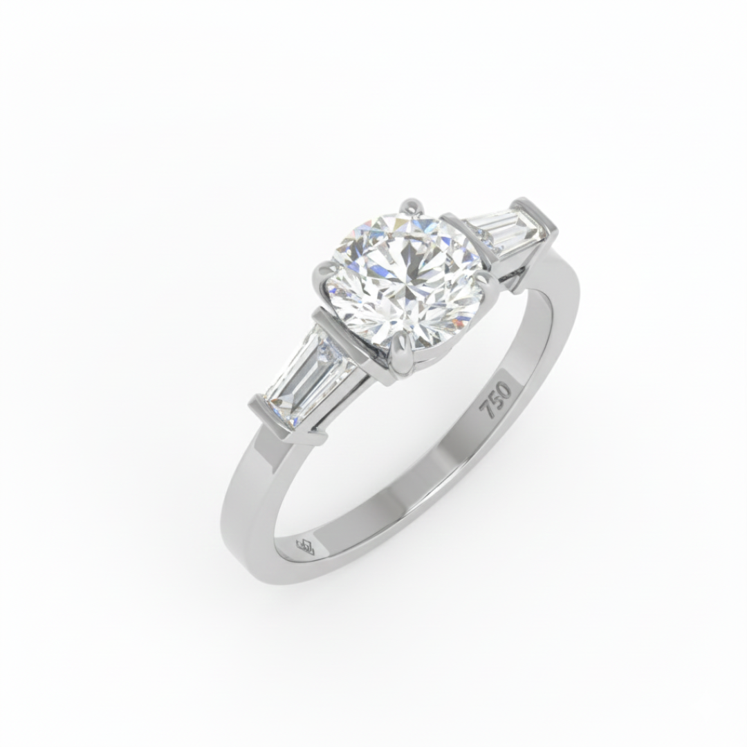 Mary Round Brilliant Cut Diamond Engagement Ring With Tapering Baguette Cut Side Diamond