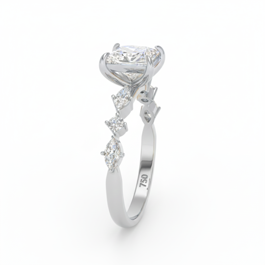 Elizabeth Princess Cut Diamond Engagement Ring With A Marquise and Round Cut Diamond Band