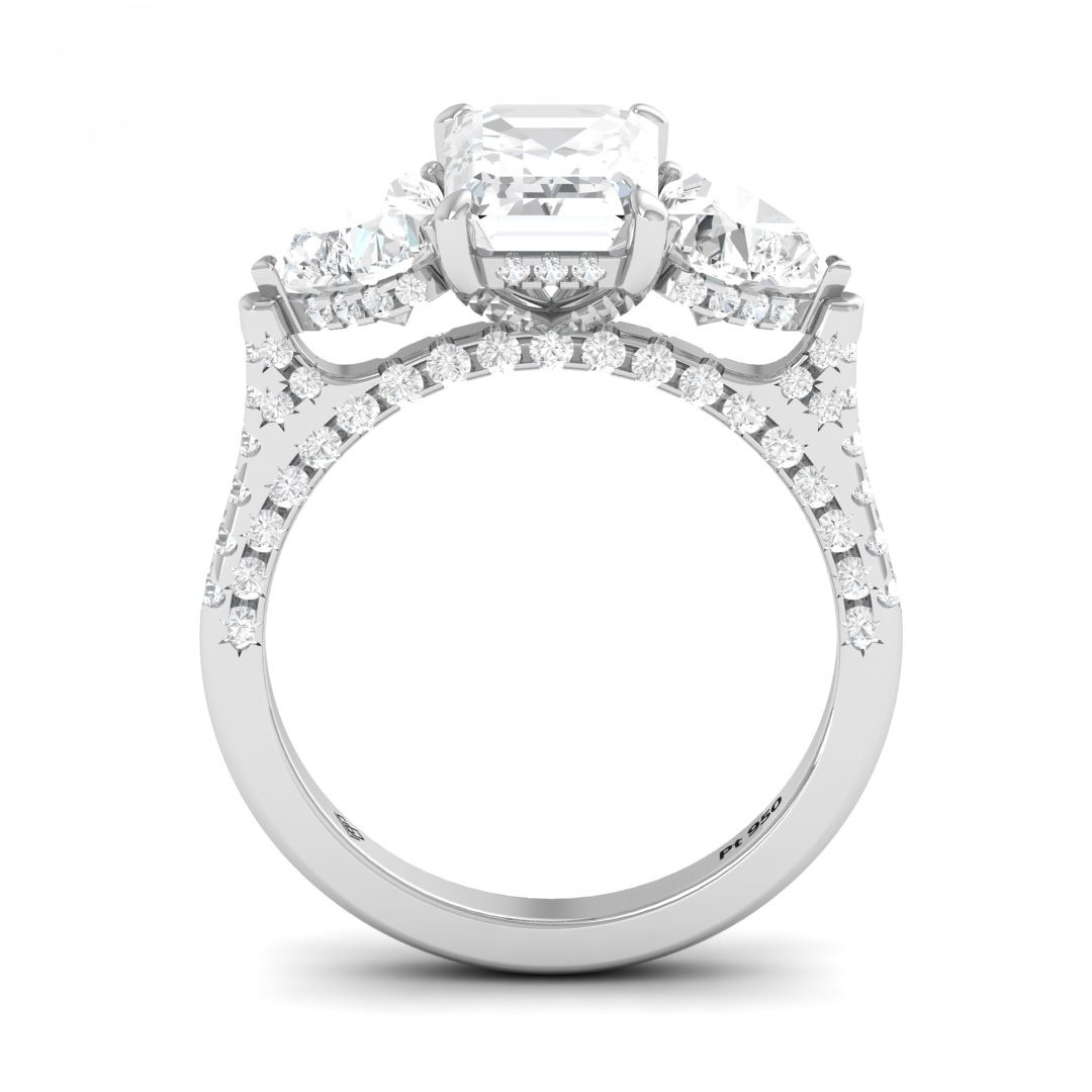 Victoria Emerald Cut Diamond Engagement Ring with Heart Cut Side Diamonds and 3D Diamond Band