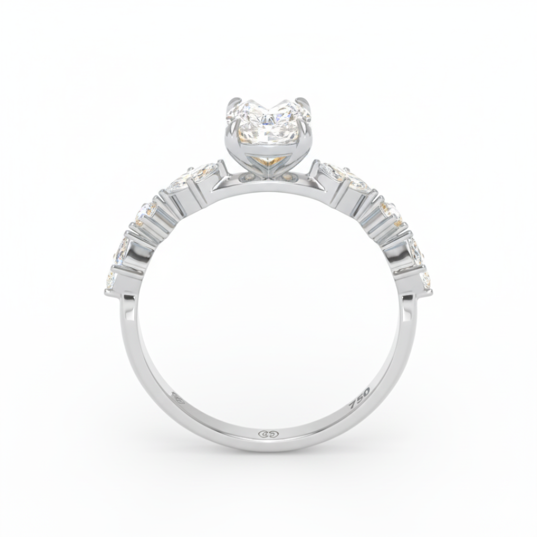 Elizabeth Cushion Diamond Engagement Ring With A Marquise and Round Cut Diamond Band