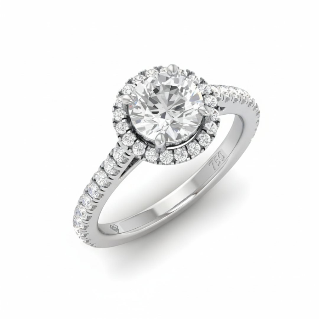 Bague de fiançailles Bella avec diamant taille ronde, halo et anneau sertis de diamants.