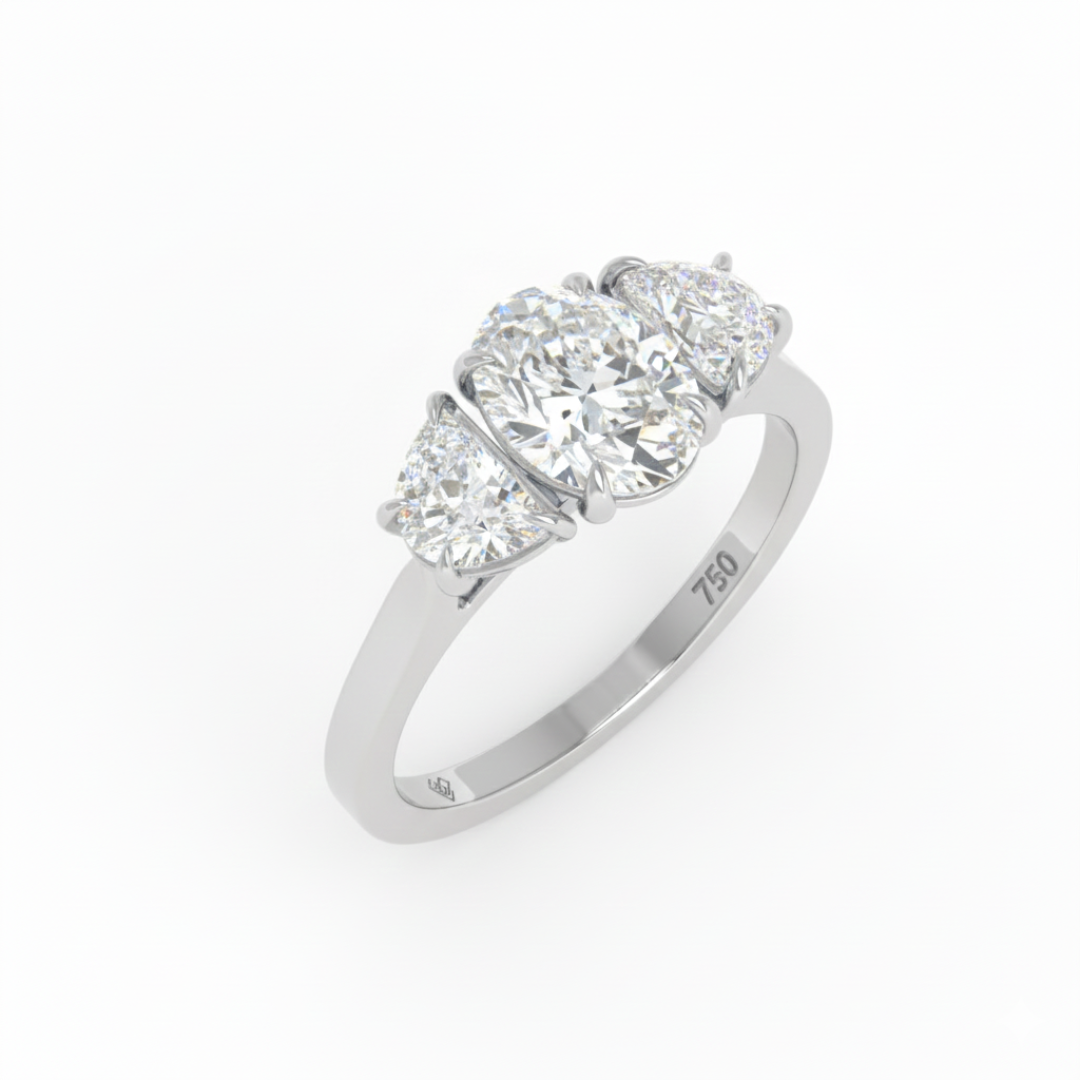 Bague de fiançailles Kamala avec diamant ovale et diamants latéraux taille demi-lune