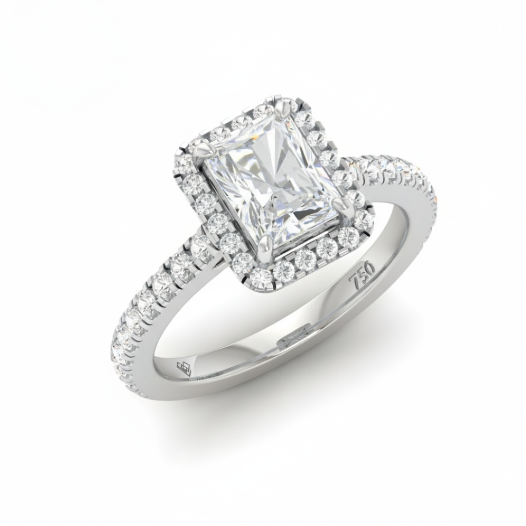 Bella Radiant Cut Diamond Engagement Ring with Diamond Halo & Diamond Band