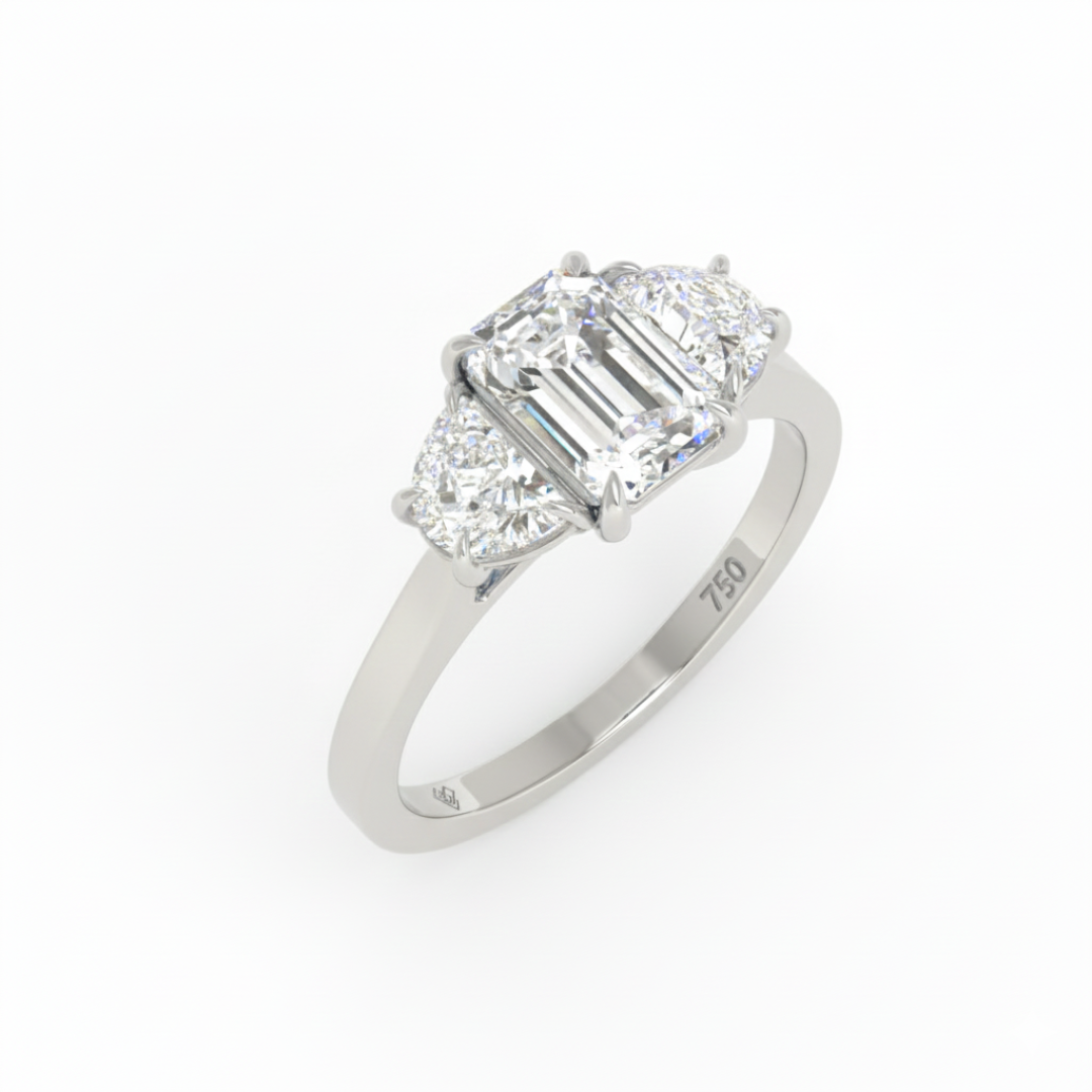 Kamala Emerald Cut Diamond Engagement Ring with Half Moon Cut Sides Diamonds