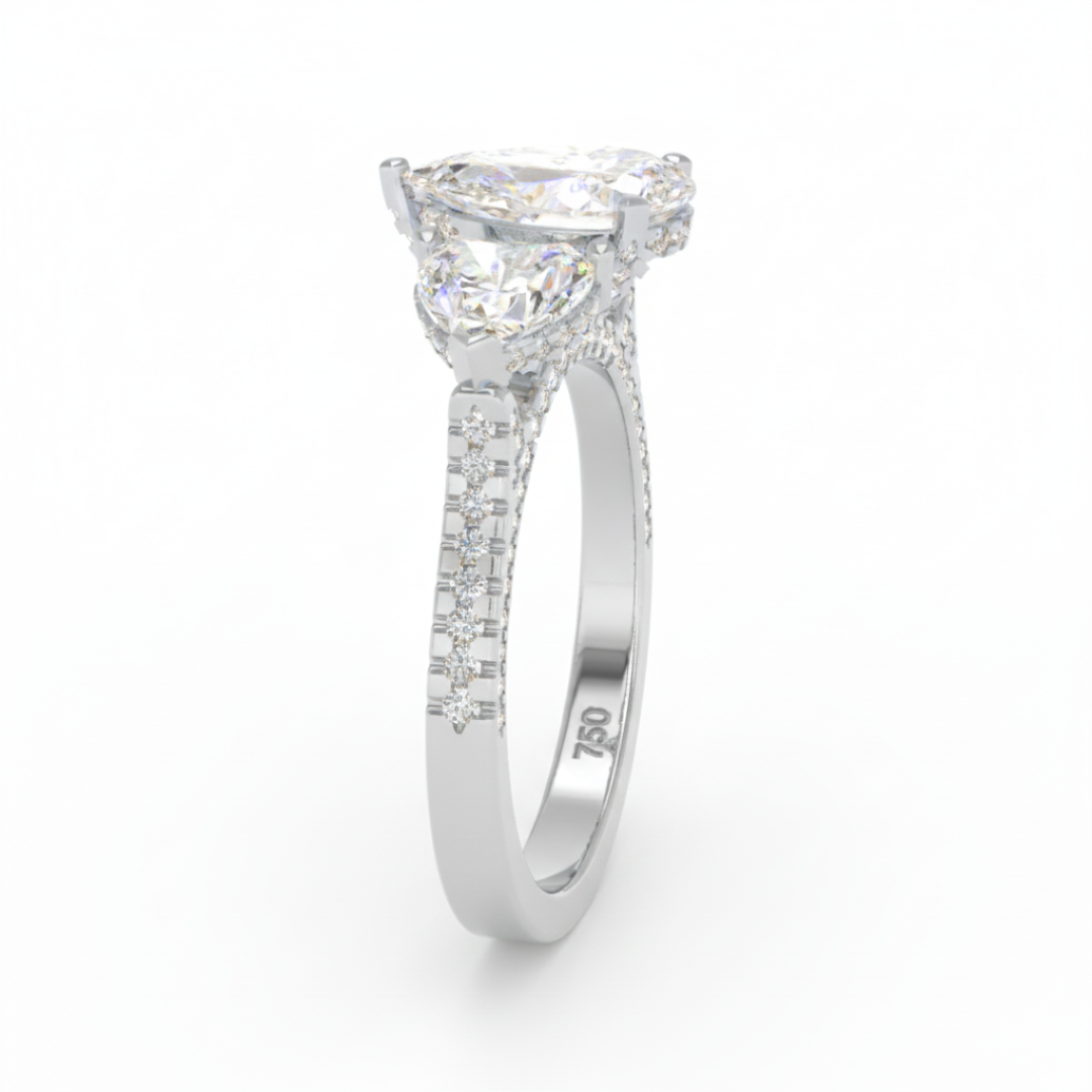 Victoria Pear Cut Diamond Engagement Ring with Heart Cut Side Diamonds and 3D Diamond Band