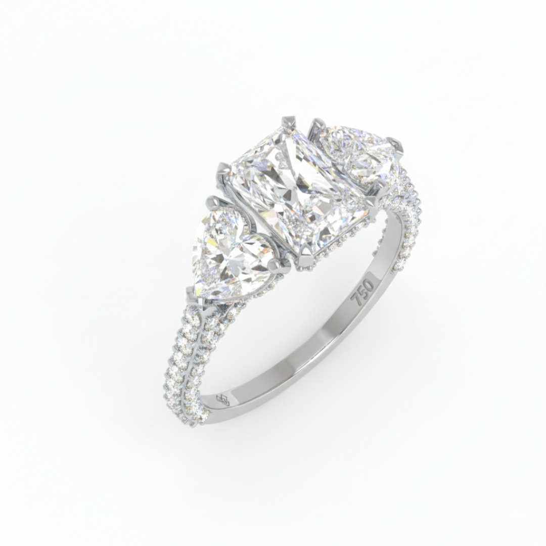Victoria Radiant Cut Diamond Engagement Ring with Heart Cut Side Diamonds and 3D Diamond Band