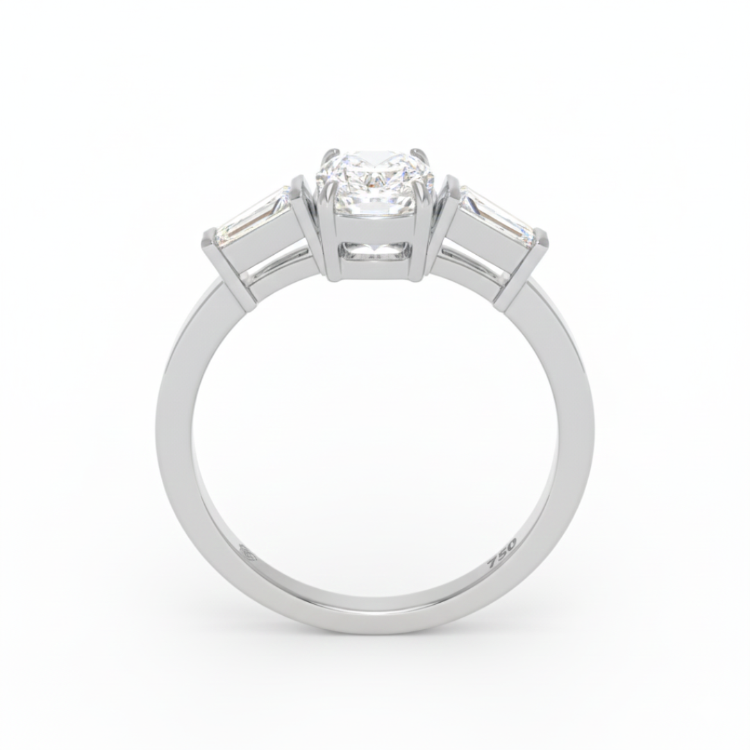 Mary Cushion Cut Diamond Engagement Ring with Tapering Baguette Cut Side Diamonds