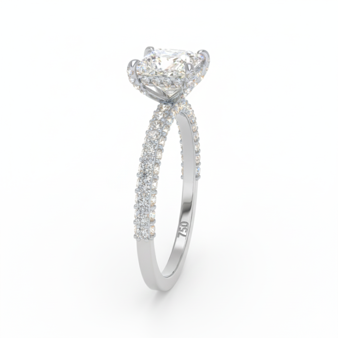 Bague de fiançailles Mia en diamant taille princesse avec halo de diamants cachés et anneau en diamant 3D
