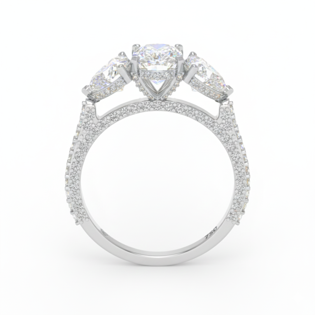 Victoria Cushion Cut Diamond Engagement Ring with Heart Cut Side Diamonds and 3D Diamond Band