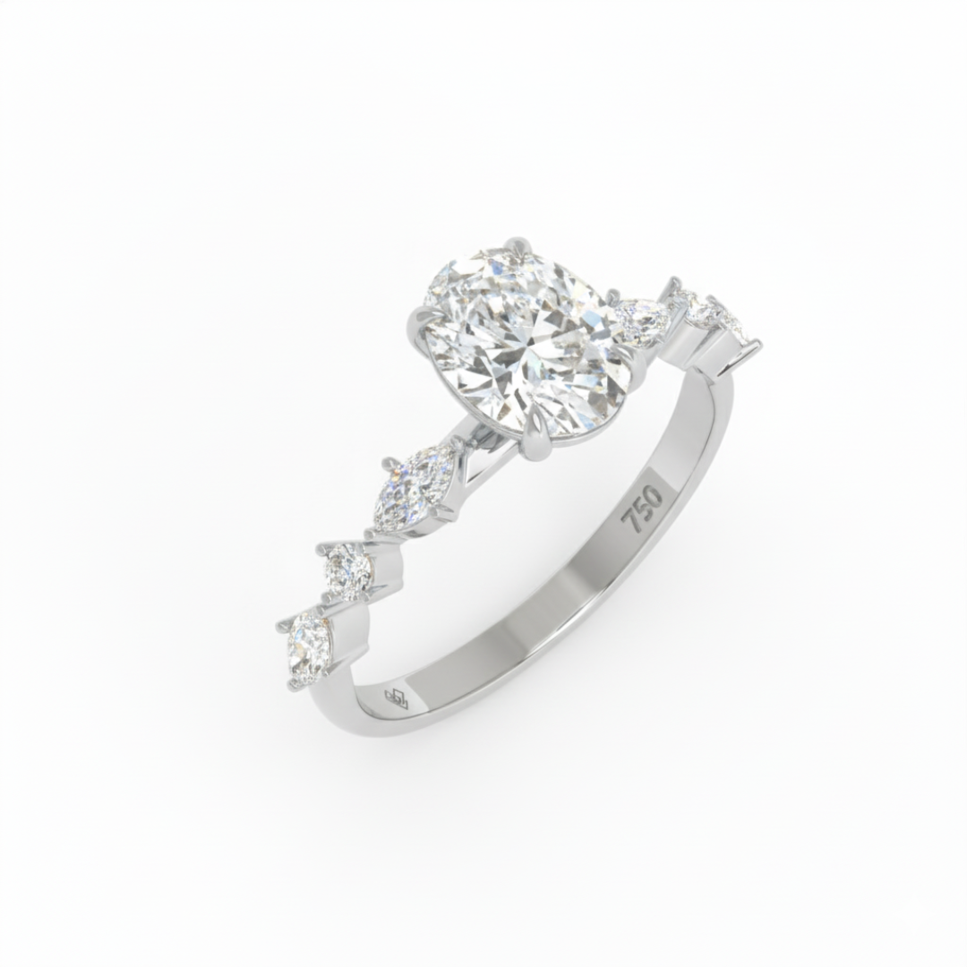 Elizabeth Oval Cut Diamond Engagement Ring With A Marquise And Round Cut Diamond Band.