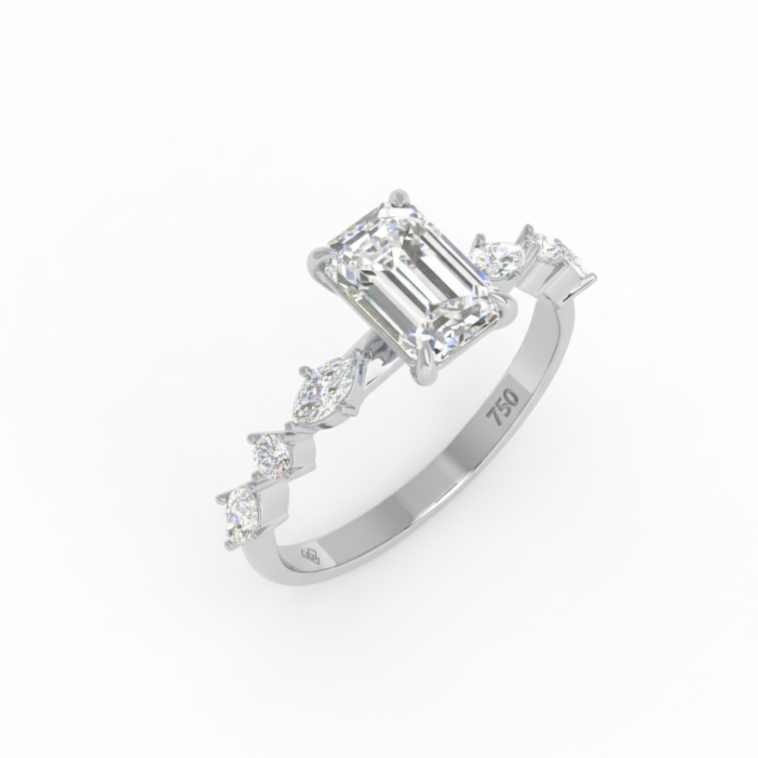 Elizabeth Emerald Cut Diamond Engagement Ring With A Marquise and Round Cut Diamond Band
