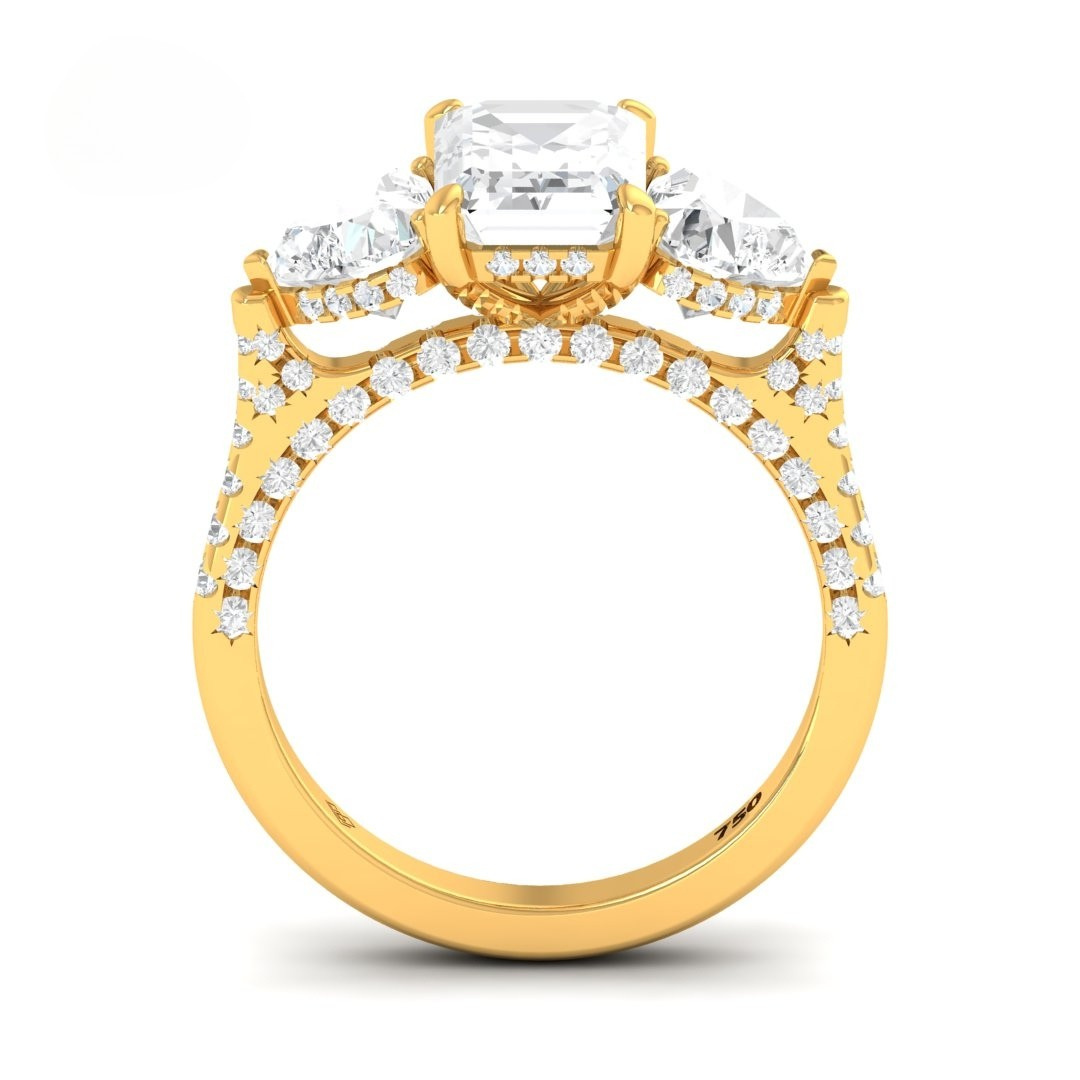 Victoria Emerald Cut Diamond Engagement Ring with Heart Cut Side Diamonds and 3D Diamond Band