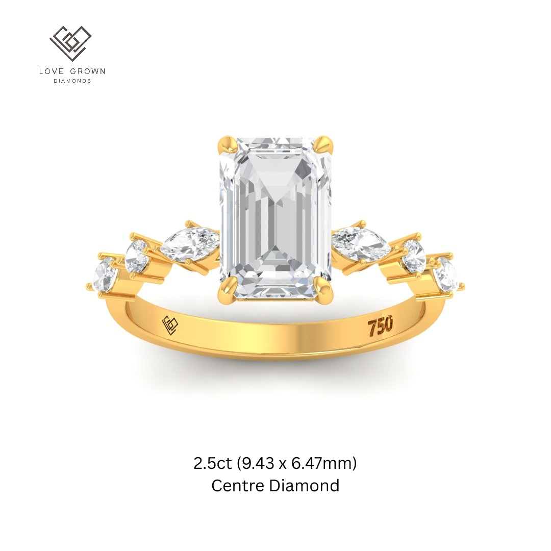 Elizabeth Emerald Cut Diamond Engagement Ring With A Marquise and Round Cut Diamond Band