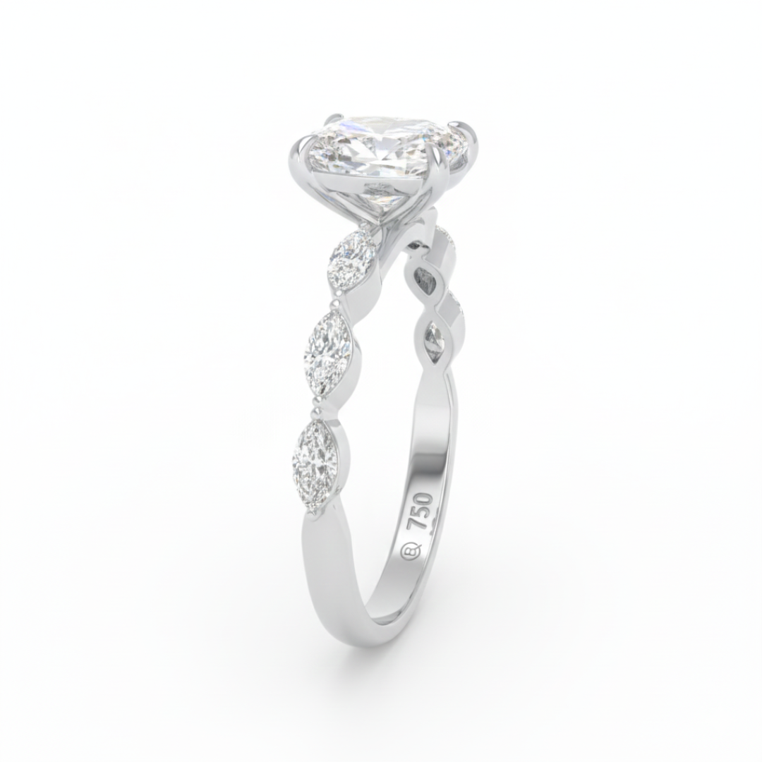 Kasandra Cushion Cut Diamond Engagement Ring With A Marquise Cut Diamond Band