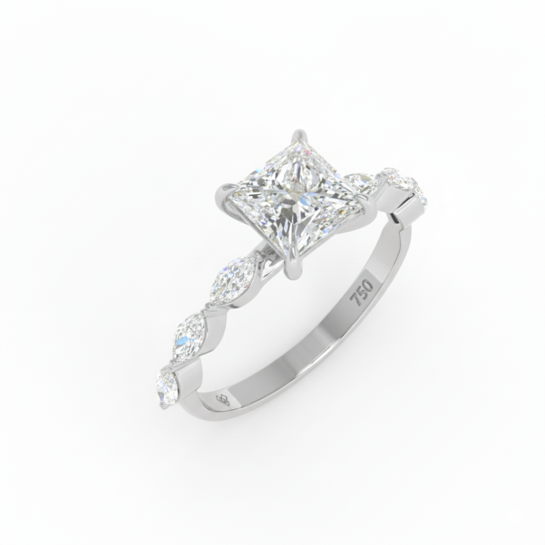 Kasandra Princess Cut Diamond Engagement Ring With A Marquise Cut and Diamond Band