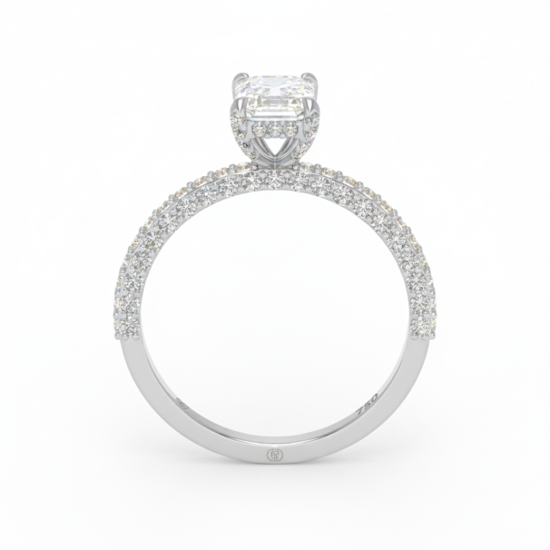 Mia Emerald Cut Diamond Engagement Ring with Diamond Hidden Halo and 3D Diamond Band