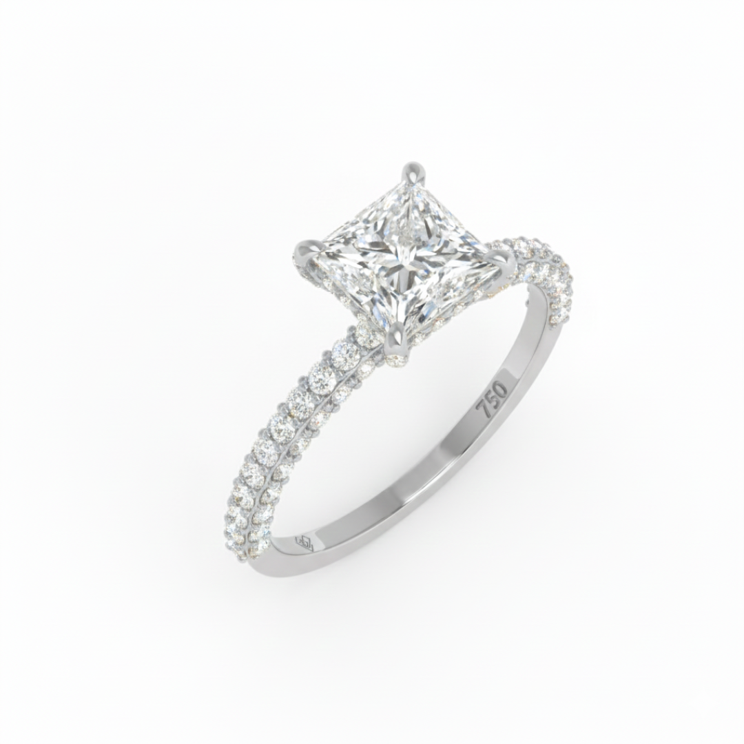 Bague de fiançailles Mia en diamant taille princesse avec halo de diamants cachés et anneau en diamant 3D