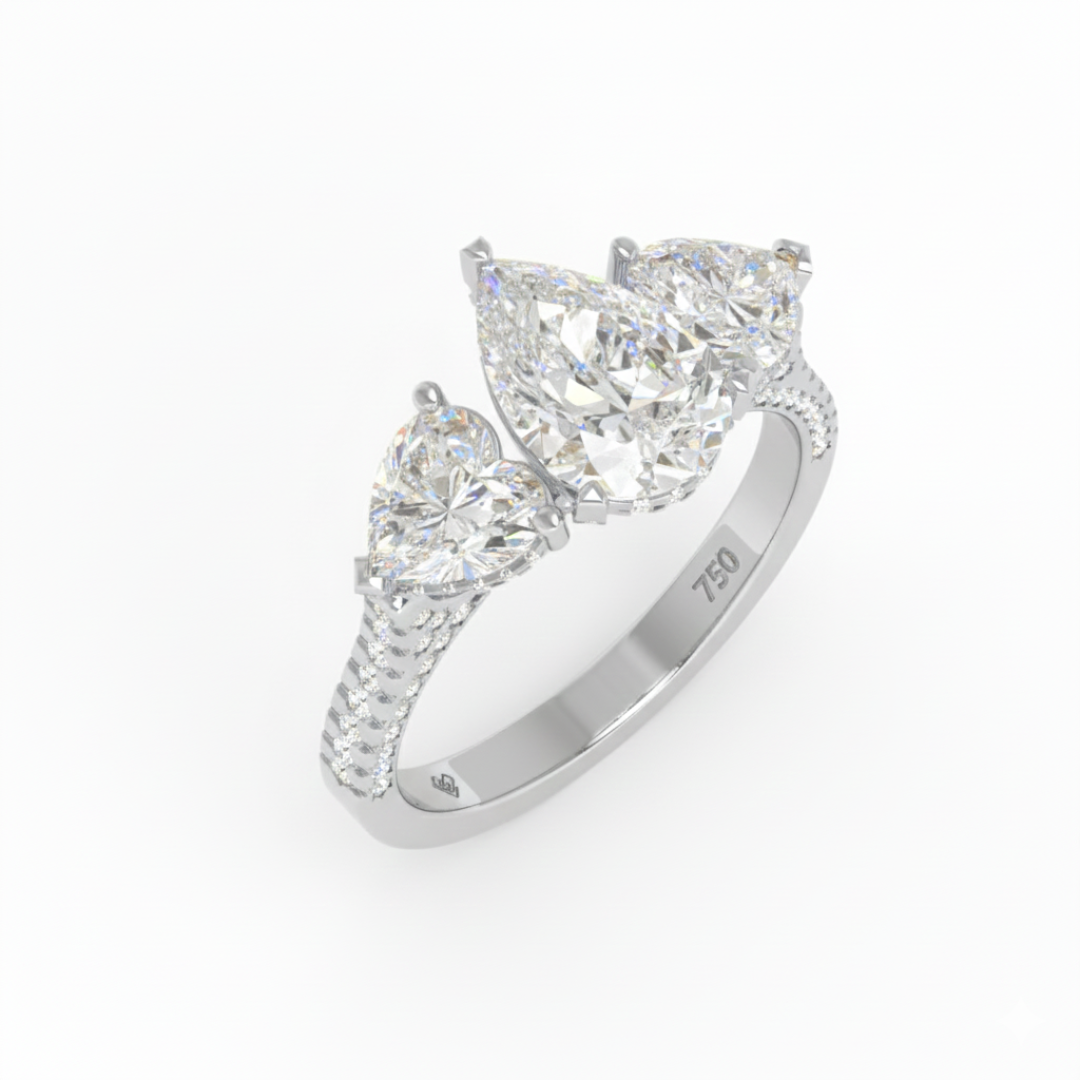 Victoria Pear Cut Diamond Engagement Ring with Heart Cut Side Diamonds and 3D Diamond Band