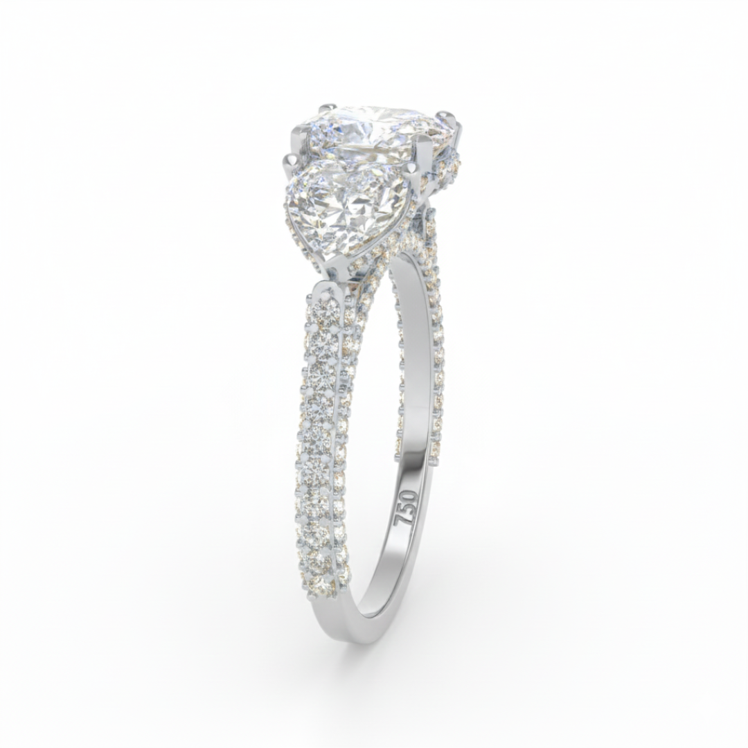 Victoria Cushion Cut Diamond Engagement Ring with Heart Cut Side Diamonds and 3D Diamond Band