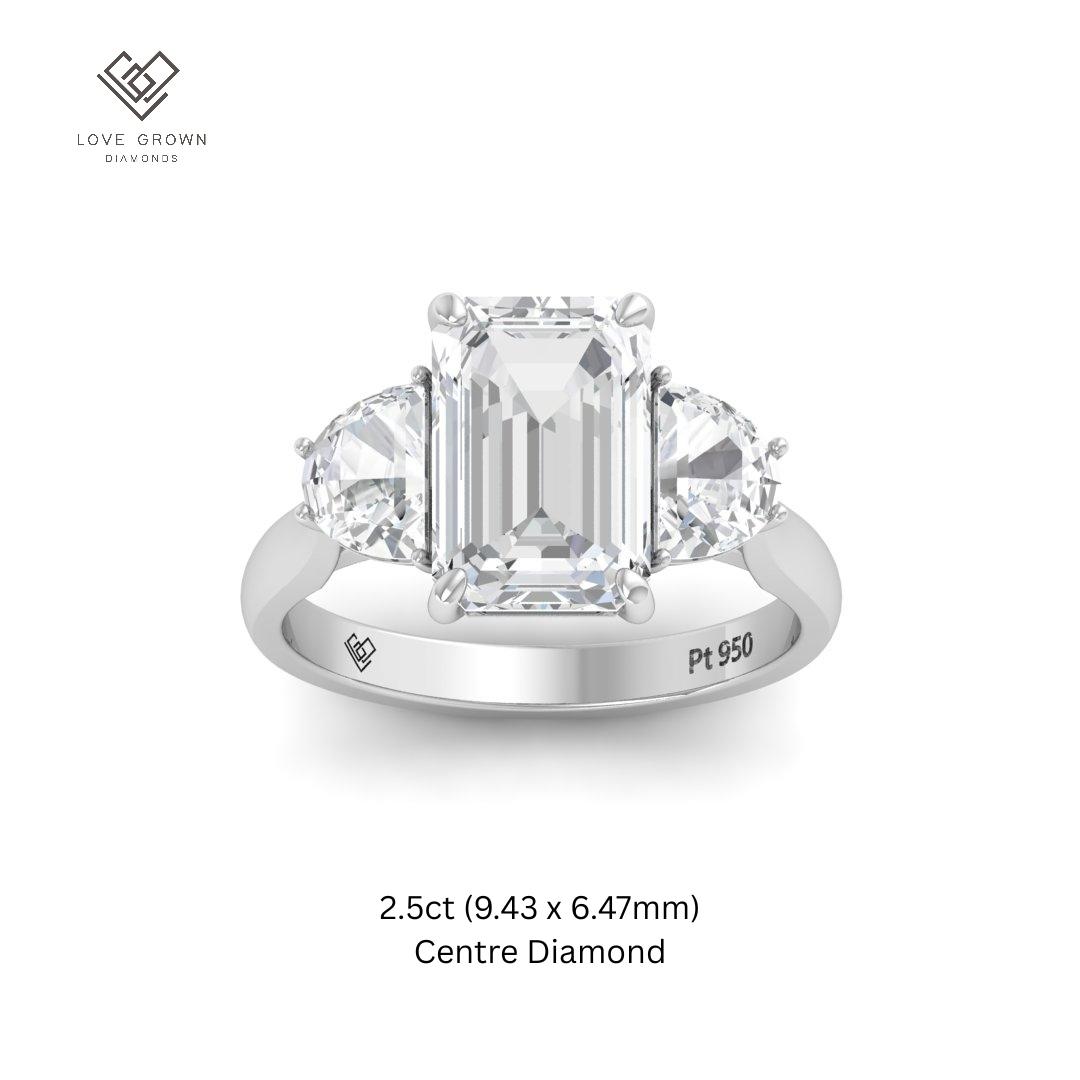 Kamala Emerald Cut Diamond Engagement Ring with Half Moon Cut Sides Diamonds