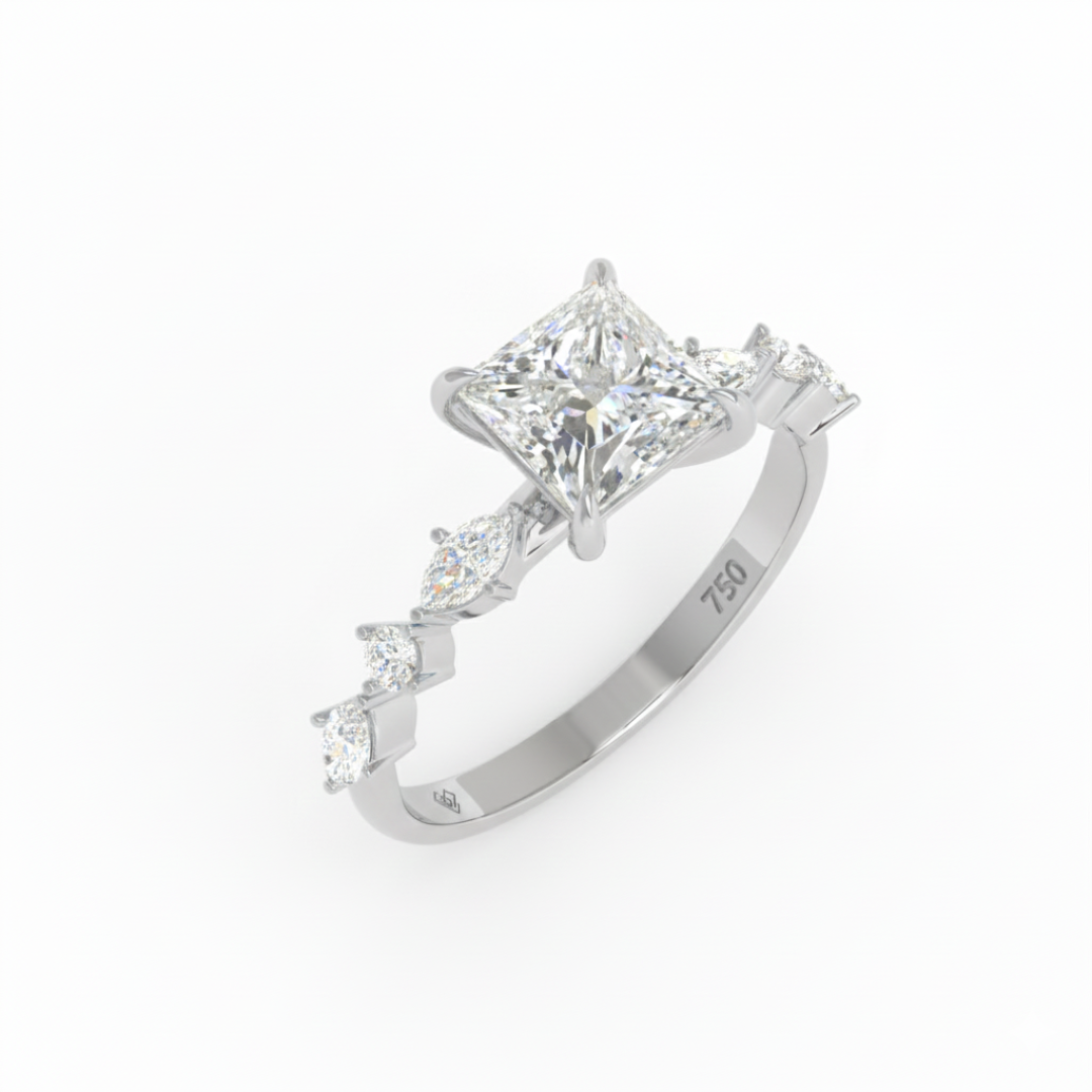 Elizabeth Princess Cut Diamond Engagement Ring With A Marquise and Round Cut Diamond Band