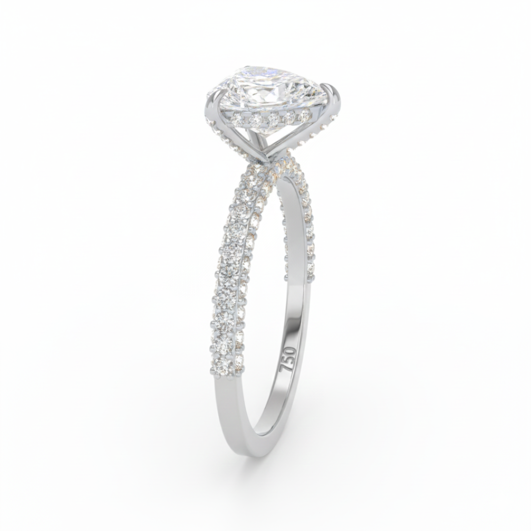 Bague de fiançailles Mia en diamant taille cœur avec halo de diamants cachés et anneau en diamant 3D